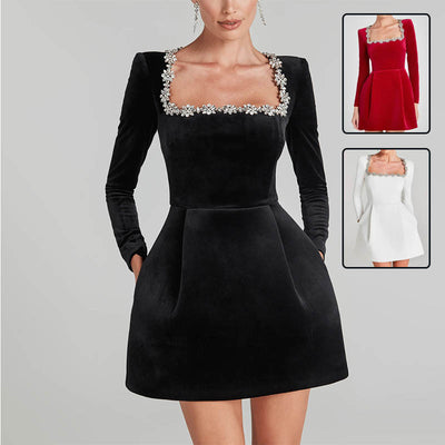 Blossom Glint – Square Neck Rhinestone A-Line Dress - Velina Fashion