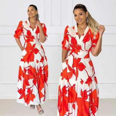 Vera Bloom – Puff Sleeve Printed Dress - Velina Fashion