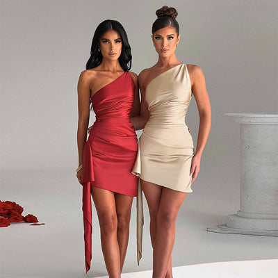 Satin Sway – One-Shoulder Backless Mini Dress - Velina Fashion