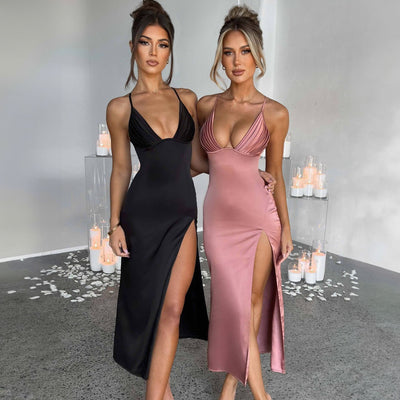 Siren Split – Deep V Backless Bodycon Dress - Velina Fashion