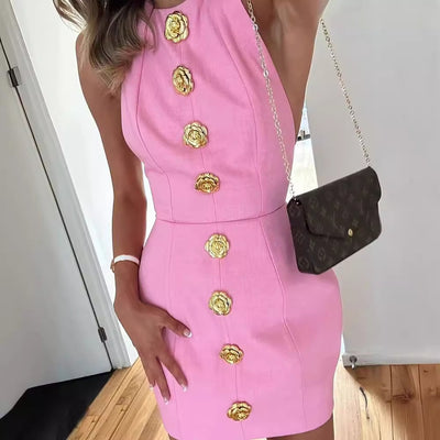 Rosé Button – Backless Dress - Velina Fashion